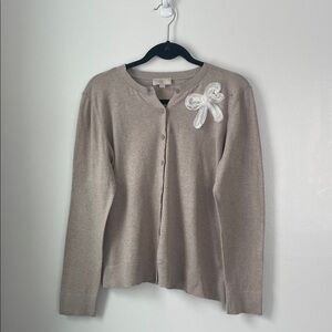 LOFT Taupe Cardigan with White Bow Detail